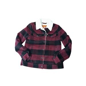 Levi's Womens Buffalo Plaid Sherpa Lined Trucker Jacket Burgundy Black XS